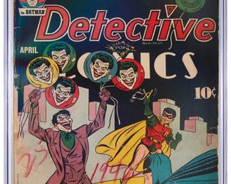 2
Detective Comics #62 (DC Comics, 1942)
Second Joker Cover appearance with a classic Jerry Robinson cover featuring the Joker
Label: universal
Restoration Status: unrestored
Grader Notes: piece out right bottom of front cover, staple detached bottom of cover, writing center of front cover, light silverfish damage left top of back cover, light silverfish damage top of back cover, light tears to cover, moderate creasing to cover, soiling on cover, staining to cover
Publisher: D.C. Comics
Page Quality: cream to off-white pages
Estimate: $1,800 - $2,000