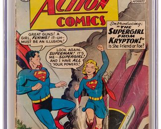 4
Action Comics #252 (DC Comics, 1959)
First appearance and origin of Supergirl
Label: universal
Restoration Status: unrestored
Grader Notes: missing piece page 9, creasing to cover, spine stress lines to cover, staining to cover, tears to cover
Publisher: D.C. Comics
Page Quality: cream to off-white pages
Estimate: $800 - $1,200