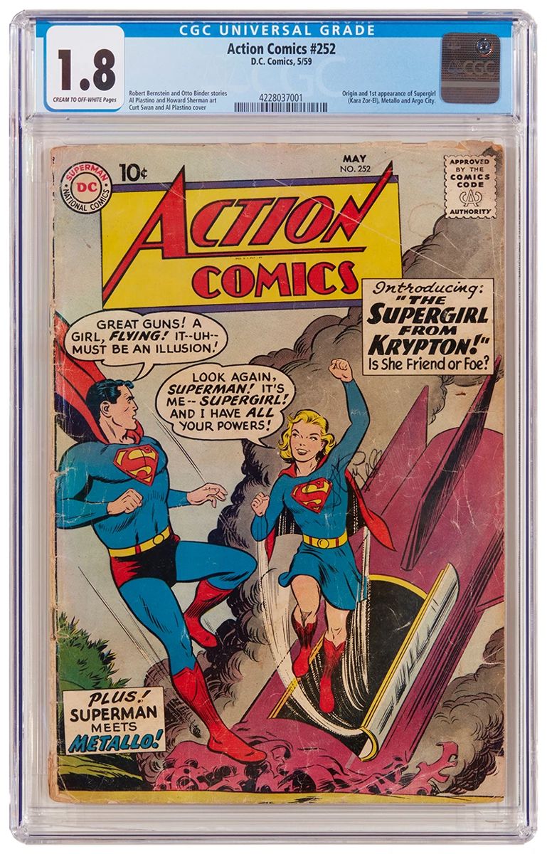 4
Action Comics #252 (DC Comics, 1959)
First appearance and origin of Supergirl
Label: universal
Restoration Status: unrestored
Grader Notes: missing piece page 9, creasing to cover, spine stress lines to cover, staining to cover, tears to cover
Publisher: D.C. Comics
Page Quality: cream to off-white pages
Estimate: $800 - $1,200