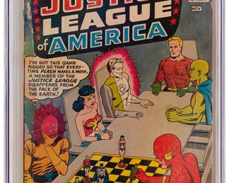 5
Justice League Of America #1 (DC Comics, 1960)
Origin and first appearance of Despero
Label: universal
Restoration Status: unrestored
Grader Notes: staple detached bottom of spine, tape entire spine
Publisher: D.C. Comics
Page Quality: cream to off-white pages
Estimate: $600 - $800