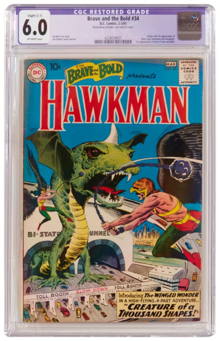 6
Brave And The Bold #34 (DC Comics, 1961)
First Silver Age appearance of Hawkman
Label: universal
Restoration Status: restored C-1
Grader Notes: tear seals top front cover C-1
Publisher: D.C. Comics
Page Quality: off-white pages
Estimate: $300 - $600
