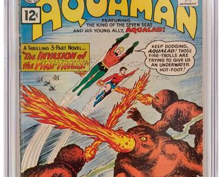 7
Aquaman #1 (DC Comics, 1962)
First appearance of Quisp
Label: universal
Restoration Status: unrestored
Grader Notes: light spine stress lines to cover, light staining to cover, moderate creasing to cover
Publisher: DC Comics
Page Quality: off-white to white pages
Estimate: $500 - $700