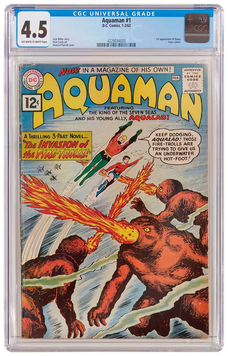 7
Aquaman #1 (DC Comics, 1962)
First appearance of Quisp
Label: universal
Restoration Status: unrestored
Grader Notes: light spine stress lines to cover, light staining to cover, moderate creasing to cover
Publisher: DC Comics
Page Quality: off-white to white pages
Estimate: $500 - $700