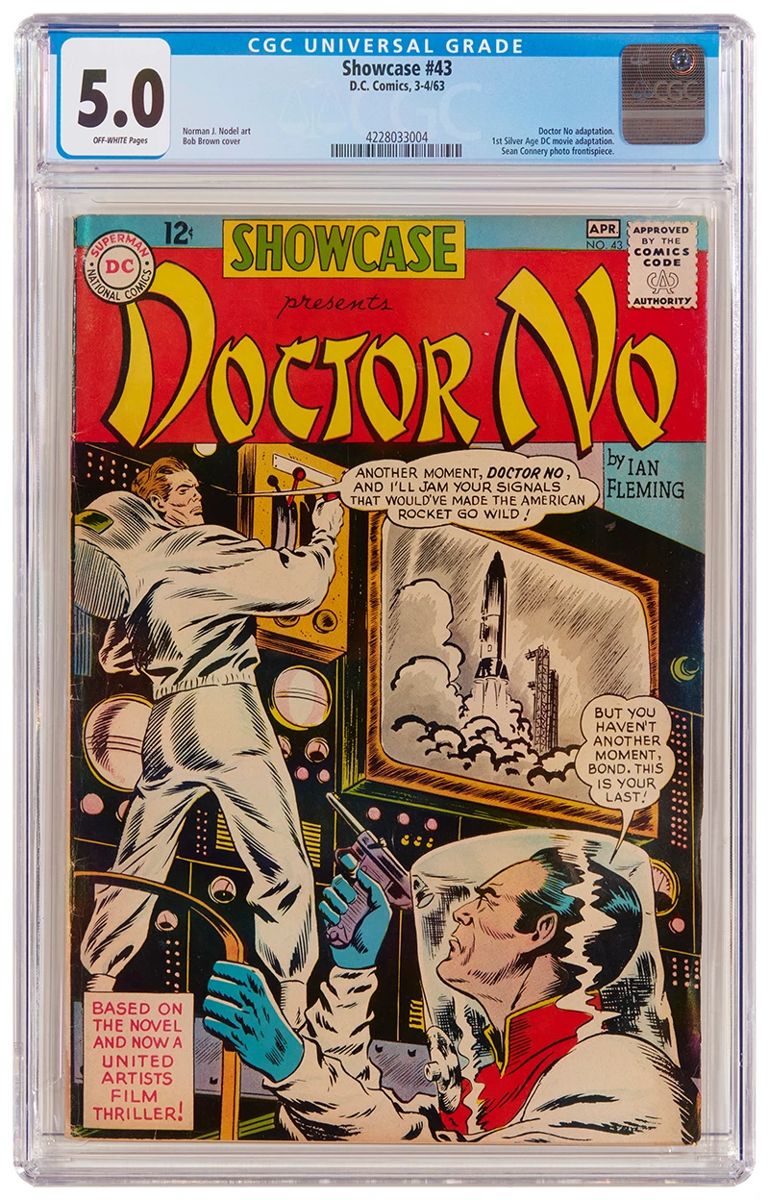 8
Showcase #43 (DC Comics, 1963)
Doctor No adaptation and first Silver Age DC movie adaptation
Label: universal
Restoration Status: unrestored
Grader Notes: creasing to cover, moderate cover tanning, spine stress lines to cover, staining to cover
Publisher: DC Comics
Page Quality: off-white pages
Estimate: $300 - $500