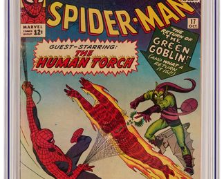 9
Amazing Spider-Man #17 (Marvel Comics, 1964)
Second appearance of the Green Goblin
Label: universal
Restoration Status: unrestored
Grader Notes: creasing to cover, moderate cover tanning, small water stain right top of fron cover, spine stress lines to cover.
Publisher: Marvel Comics
Page Quality: cream to off-white pages
Estimate: $300 - $500