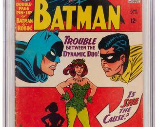 10
Batman #181 (DC Comics, 1966)
First appearance of Poison Ivy
Label: universal
Restoration Status: unrestored
Grader Notes: moderate creasing to cover, moderate finger bends on cover, moderate spine stress lines to cover
Publisher: DC Comics
Page Quality: off-white to white pages
Estimate: $600 - $800