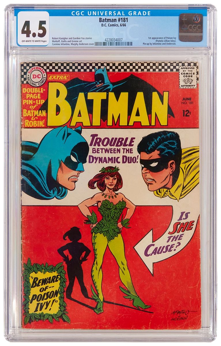 10
Batman #181 (DC Comics, 1966)
First appearance of Poison Ivy
Label: universal
Restoration Status: unrestored
Grader Notes: moderate creasing to cover, moderate finger bends on cover, moderate spine stress lines to cover
Publisher: DC Comics
Page Quality: off-white to white pages
Estimate: $600 - $800