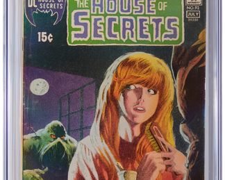 11
House Of Secrets #92 (DC Comics, 1971)
First appearance of the Swamp Thing
Label: universal
Restoration Status: unrestored
Grader Notes: fingerprints right center of front cover breaks color, stain left bottom of interior front cover, light stain bottom of front cover, moderate creasing to cover, wear all corners of cover
Publisher: DC Comics
Page Quality: off-white pages
Estimate: $1,000 - $1,500