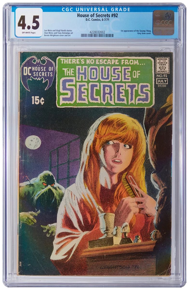11
House Of Secrets #92 (DC Comics, 1971)
First appearance of the Swamp Thing
Label: universal
Restoration Status: unrestored
Grader Notes: fingerprints right center of front cover breaks color, stain left bottom of interior front cover, light stain bottom of front cover, moderate creasing to cover, wear all corners of cover
Publisher: DC Comics
Page Quality: off-white pages
Estimate: $1,000 - $1,500
