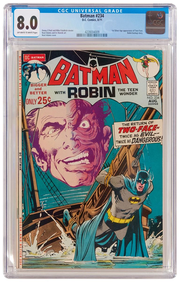 12
Batman #234 (DC Comics, 1971)
First Silver Age appearance of Two-Face
Label: universal
Restoration Status: unrestored
Grader Notes: light spine stress lines to cover, moderate creasing to cover
Publisher: DC Comics
Page Quality: off-white to white pages
Estimate: $500 - $700