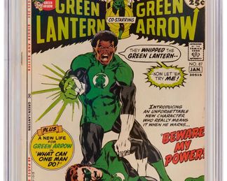 13
Green Lantern #87 (DC Comics, 1971)
First appearance of John Stewart, the Green Lantern, second appearance of Guy Gardner, the Green Lantern
Label: universal
Restoration Status: unrestored
Grader Notes: staple detached top of back cover, light bindery tears to cover, light spine stress lines to cover, moderate creasing to cover
Publisher: DC Comics
Page Quality: cream to off-white pages
Estimate: $400 - $600