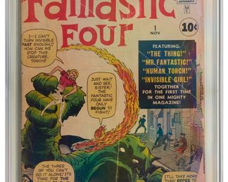 62
A Stan Lee Signed Fantastic Four #1 (Marvel Comics, 1961)
Origin and first appearance of the Fantastic Four (Marvel's first super-hero team). Origin and first appearance of Mole Man.
Label: universal
Signed by Stan Lee on the cover with black marker
Grader Notes: a large crease to the back cover, small spine split in the bottom spine, front cover with large multiple crease breaks the color, front cover with chipping, right bottom on the front cover creasing breaks the colors, spine with heavy wear, spine tear
Publisher: Marvel Comics
Page Quality: off-white pages
Estimate: $6,000 - $8,000