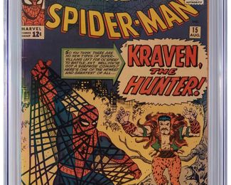 63
Amazing Spider-Man #15 (Marvel Comics, 1964)
First appearance of Kraven the Hunter, first mention of Mary Jane Watson, second appearance of the Chameleon
Label: universal
Restoration Status: unrestored
Grader Notes: wear center of front cover breaks color, light fade front cover, spine stress lines to cover, wear all corners of cover
Publisher: Marvel Comics
Page Quality: off-white pages
Estimate: $1,500 - $2,000