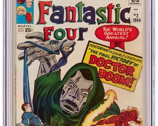 64
Fantastic Four Annual #2 (Marvel Comics, 1964)
Origin of Doctor Doom
Label: universal
Restoration Status: unrestored
Grader Notes: creasing to cover, medium tear with crease left top of front cover, soiling on cover, spine stress lines to cover
Publisher: Marvel Comics
Page Quality: off-white to white pages
Estimate: $400 - $600