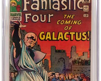 65
Fantastic Four #48 (Marvel Comics, 1966)
First appearance of the Silver Surfer and Galactus (cameo last page); Inhumans and Watcher appearance
Label: universal
Restoration Status: unrestored
Grader Notes: creasing to cover, scuffing to cover, spine stress lines to cover, very light tears to cover
Publisher: Marvel Comics
Page Quality: off-white pages
Estimate: $1,200 - $1,600