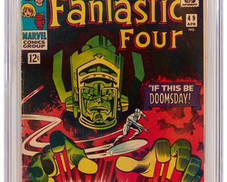 66
Fantastic Four #49 (Marvel Comics, 1966)
First full appearance of Galactus; second appearance of the Silver Surfer; first Silver Surfer and Galactus Cover
Label: universal
Restoration Status: unrestored
Grader Notes: creasing to cover, light staining to cover, light tears to cover, spine stress lines to cover
Publisher: Marvel Comics
Page Quality: off-white to white pages
Estimate: $500 - $700