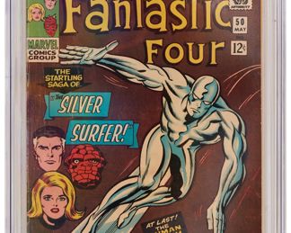 67
Fantastic Four #50 (Marvel Comics, 1966)
Silver Surfer battles Galactus, classic cover featuring the Silver Surfer
Label: universal
Restoration Status: unrestored
Grader Notes: light spine stress lines to cover, moderate creasing to cover.
Publisher: Marvel Comics
Page Quality: off-white to white pages
Estimate: $300 - $500