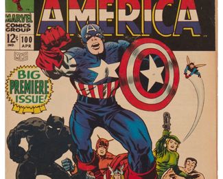 68
Captain America #100 (Marvel, 1968)
First Silver Age solo Captain America story
Writer: Stan Lee
Artist: Jack Kirby and Syd Shores
Publisher: Marvel Comics
Restoration Status: unrestored
Page Quality: cream to off-white pages
Estimate: $200 - $300