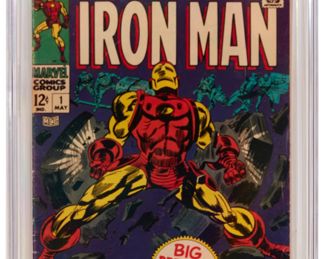 69
Iron Man #1 (Marvel Comics, 1968)
Label: universal
Restoration Status: unrestored
Grader Notes: creasing to cover, light cover tanning, spine stress lines to cover.
Publisher: Marvel Comics
Page Quality: off-white pages
Estimate: $500 - $800