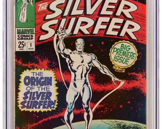70
Silver Surfer #1 (Marvel Comics, 1968)
Origin of the Silver Surfer, Tales of the Watcher begin, and origin of the Watchers

Label: universal
Restoration Status: unrestored
Grader Notes: light creasing to cover, light spine stress lines to cover
Publisher: Marvel Comics
Page Quality: off-white to white pages
Estimate: $800 - $1,000