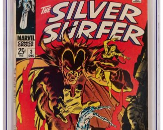 71
Silver Surfer #3 (Marvel Comics, 1968)
First appearance of Mephisto
Label: universal
Restoration Status: unrestored
Grader Notes: light foxing to cover, light spine stress lines to cover, moderate creasing to cover
Publisher: Marvel Comics
Page Quality: off-white pages
Estimate: $700 - $900