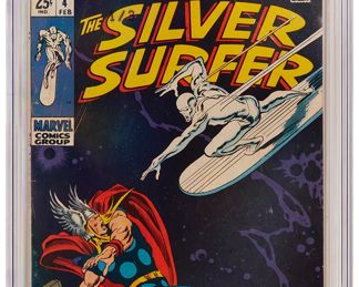 72
Silver Surfer #4 (Marvel Comics, 1969)
Classic John Buscema cover art featuring the Silver Surfer vs. Thor
Label: universal
Restoration Status: unrestored
Grader Notes: light spine splits to cover, light spine stress lines to cover, moderate creasing to cover, moderate staining to cover
Publisher: Marvel Comics
Page Quality: off-white to white pages
Estimate: $400 - $600