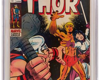 73
Thor #165 (Marvel Comics, 1969)
First full appearance of Him (Warlock)
Label: universal
Restoration Status: unrestored
Grader Notes: light spine stress lines to cover, moderate creasing to cover
Publisher: Marvel Comics
Page Quality: off-white to white pages
Estimate: $200 - $400