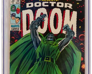 74
Marvel Super-Heroes #20 (Marvel Comics, 1969)
First appearance of Valeria in a Doctor Doom story, featuring a classic Larry Lieber and Vince Colletta cover depicting Doctor Doom
Label: universal
Restoration Status: unrestored
Grader Notes: light creasing to cover, light tears to cover, moderate fingerprints on cover
Publisher: Marvel Comics
Page Quality: off-white to white pages
Estimate: $400 - $500