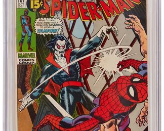 76
Amazing Spider-Man #101 (Marvel Comics, 1971)
First appearance of Morbius, the Living Vampire
Label: universal
Restoration Status: unrestored
Grader Notes: light spine stress lines to cover, light staining to cover, moderate creasing to cover
Publisher: Marvel Comics
Page Quality: off-white pages
Estimate: $600 - $800