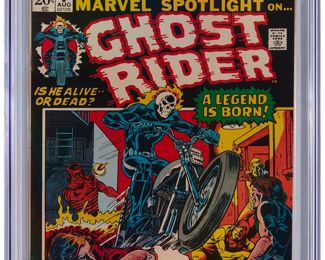 78
Marvel Spotlight #5 (Marvel Comics, 1972)
First appearance and origin of Ghost Rider (Johnny Blaze), first appearance of Roxanne Simpson
Label: universal
Restoration Status: unrestored
Grader Notes: crease left bottom of back cover, moderate crease right bottom of front cover breaks color, multiple crease left center of back cover
Publisher: Marvel Comics
Page Quality: off-white to white pages
Estimate: $1,200 - $1,800