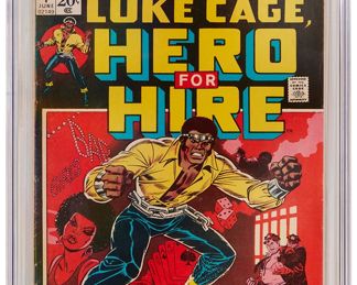 79
Hero For Hire #1 (Marvel Comics, 1972)
First appearance and origin of Luke Cage and first appearance of Diamondback (Willis Stryker)
Label: universal
Restoration Status: unrestored
Grader Notes: moderate creasing to cover, moderate spine stress lines to cover
Publisher: Marvel Comics
Page Quality: white pages
Estimate: $300 - $500