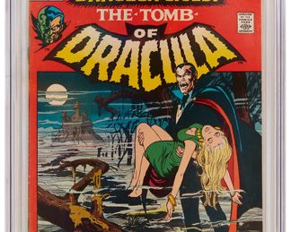 80
Tomb Of Dracula #1 (Marvel Comics, 1972)
First appearances of Dracula, Frank Drake, and Clifton Graves
Label: universal
Restoration Status: unrestored
Grader Notes: light creasing to cover, light spine stress to cover
Publisher: Marvel Comics
Page Quality: off-white to white pages
Estimate: $500 - $700