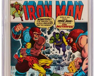 81
Iron Man #55 (Marvel Comics, 1973)
First appearance of Thanos, Mentor, Drax the Destroyer (Arthur Douglas), Starfox, Kronos and the Blood Brothers
Label: universal
Restoration: unrestored
Grader notes: None
Publisher: Marvel Comics
Page Quality: white pages
Estimate: $800 - $1,000
