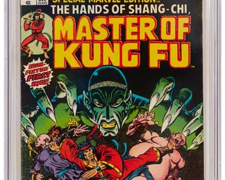 82
Special Marvel Edition #15 (Marvel Comics, 1973)
First appearance of Shang-Chi, Fu Manchu, and Sir Denis Nayland Smith, as well, first appearance and "death" of Dr. James Petrie
Label: universal
Restoration Status: unrestored
Grader Notes: light creasing to cover, light finger bends on cover, light spine stress lines to cover
Publisher: Marvel Comics
Page Quality: off-white to white pages
Estimate: $300 - $500