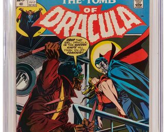 83
Tomb Of Dracula #10 (Marvel Comics, 1973)
First appearance of Blade the Vampire Slayer
Label: universal
Restoration Status: unrestored
Grader Notes: creasing to cover, spine stress lines to cover.
Publisher: Marvel Comics
Page Quality: white pages
Estimate: $1,500 - $1,700