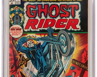 84
Ghost Rider #1 (Marvel Comics, 1973)
First appearance of the Son of Satan (Daimon Hellstrom) in cameo
Label: universal
Restoration Status: unrestored
Grader Notes: light scuffing to cover, light spine stress lines to cover, moderate creasing to cover
Publisher: Marvel Comics
Page Quality: white pages
Estimate: $300 - $500