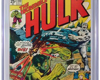 85
Incredible Hulk #180 (Marvel Comics, 1974)
First appearance of Wolverine on the last page
Label: universal
Restoration Status: unrestored
Grader Notes: fingerprints right center of front cover, fingerprints right center of interior front cover, wear bottom of front cover breaks color, spine stress lines to cover
Publisher: Marvel Comics
Page Quality: off-white to white pages
Estimate: $1,500 - $2,000