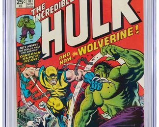 86
Incredible Hulk #181 (Marvel Comics, 1974)
First full appearance of Wolverine
Label: universal
Restoration Status: unrestored
Grader Notes: crease right bottom of back cover, crease right center of front cover breaks color, light creasing to cover, spine stress lines to cover, wear all corners to cover
Publisher: Marvel Comics
Page Quality: off-white to white pages
Estimate: $5,000 - $7,000