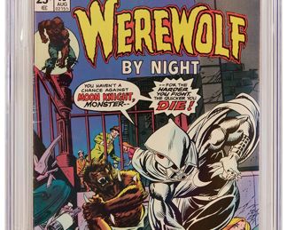 87
Werewolf By Night #32 (Marvel Comics, 1975)
Origin and first appearance of Moon Knight (Marc Spector)
Label: universal
Restoration Status: unrestored
Grader Notes: creasing to cover, spine stress lines to cover
Publisher: Marvel Comics
Page Quality: off-white to white pages
Estimate: $800 - $1,000