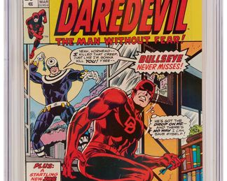 89
Daredevil #131 (Marvel Comics, 1976)
First appearance and origin of Bullseye, first appearance of Jacob Conover
Label: universal
Restoration Status: unrestored
Grader Notes: none
Publisher: Marvel Comics
Page Quality: white pages
Estimate: $600 - $800
