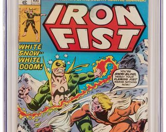 90
Iron Fist #14 (Marvel Comics, 1977)
First appearance of Sabretooth (Victor Creed)
Label: universal
Restoration Status: unrestored
Grader Notes: moisture damage top of cover, light creasing to cover, moderate fingerprints on cover
Publisher: Marvel Comics
Page Quality: off-white pages
Estimate: $300 - $500