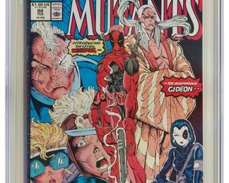 91
The New Mutants #98 (Marvel Comics, 1991)
First full appearance of Deadpool (Wade Wilson), Gideo & Copycat (Vanessa Carlysle) as Domino, and Rictor leaves the New Mutants.
Label: Modern
Publisher: Marvel Comics
Page Quality: White pages
Estimate: $1,500 - $2,000