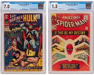 92
Two Silver Age Marvel Comics
Two works:

Tales to Astonish #90 (Marvel Comics, 1967)
First appearance of the Abomination (Emil Blonsky), first Silver Age appearance of Byrrah
Label: universal
Restoration Status: unrestored
Grader Notes: light cover tanning, light spine stress lines to cover, moderate creasing to cover.
Publisher: Marvel Comics
Page Quality: off-white to white pages

Amazing Spider-Man #31 (Marvel Comics, 1965)
First appearance of Gwen Stacy, Harry Osborn, and Professor Miles Warren
Label: universal
Restoration Status: unrestored
Grader Notes: moisture damage whole book, piece out page 7 affects story, creasing to cover, moderate cover tanning, spine stress lines to cover
Publisher: Marvel Comics
Page Quality: off-white to white pages

2 pieces
Estimate: $200 - $400