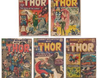 100
A Group Of Silver Age Marvel Journey Into Mystery Comics Featuring Thor
Comprising #113, #116, #118, #119, and #123

5 pieces
Estimate: $100 - $200