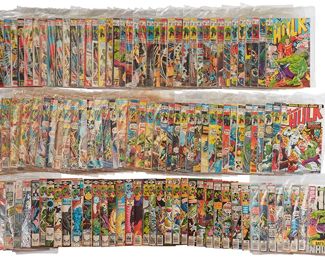 105
A Group Of Silver Bronze Age Marvel Incredible Hulk Comics
Comprising #104, #111, #119, #121, #126, #127, #129, #130, #131, #132, #133, #134, #135, #136, #137, #138, #139, #140, #141 (Doc Samson), #142, #143, #144, #145, #146, #147, #148, #149, #150, #151, #152, #153, #154, #155, #156, #157, #158, #159, #160, #161, #162 (first Wendigo), #163, #164, #165, #166, #167, #168, #169, #170, #171, #172, #173, #174, #175, #176, #177, #178, #179, #182, #183, #184, #185, #186, #187, #188, #189, #190, #191, #192, #193, #194, #195, #196, #197, #198, #199, #200, #201, #203, #204, #205, #206, #207, #208, #209, #210, #211, #212, #213, #214, #216, #217, #220, #221, #222, #223, #226, #228, #230, #233, #235, #236, #237, #238, #240, #241, #242, #243, #247, #248, #250, #252, #253, #265, #270, #282, #292, #388, Special #1, Special #2, Special #3, Special #4, Annual #5, Annual #6, Annual #7, Annual #8, and Annual #14

126 pieces
Estimate: $700 - $900