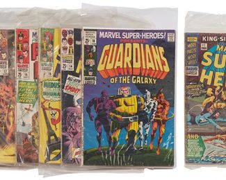 138
A Group Of Marvel Super Heroes Comics
Comprising #14, #15, #16, #17, #18 (1st Guardians of the Galaxy appearance), #19, #59 (Price Variance 30 cents), and Special #1

8 pieces
Estimate: $200 - $400