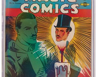 142
Magic Comics #16 (David McKay Publishing, 1940)
Label: universal
Restoration Status: unrestored
Grader Notes: light scuffing to cover, moderate foxing to cover, moderate spine stress lines to cover, tears to cover
Publisher: David McKay Publishing
Page Quality: off-white pages
Estimate: $200 - $400
