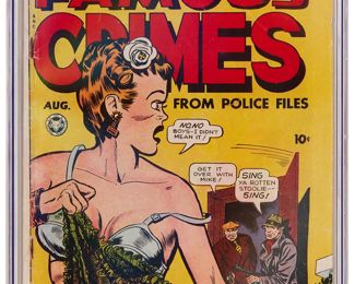 143
Famous Crimes #2 (Fox Features Syndicate, 1948)
Classic cover, featuring a story where a woman is dissolved in acid
Label: universal
Restoration Status: unrestored
Grader Notes: reader's crease front cover, staple rusted, wear full right of front cover, moderate spine roll
Publisher: Fox Features Syndicate
Page Quality: off-white to white pages
Estimate: $600 - $800