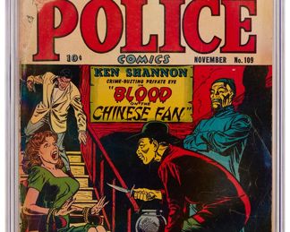 144
Police Comics #109 (Quality Comics, 1951)
Bondage cover, 1 of 17 graded copies of this issue
Label: universal
Restoration Status: unrestored
Grader Notes: moisture damage top of cover, moisture damage top of interior, staple detached bottom of front cover, staple detached top of front cover, creasing to cover, heavy spine splits to cover, heavy staple rust
Publisher: Quality Comics
Page Quality: off-white pages
Estimate: $400 - $600