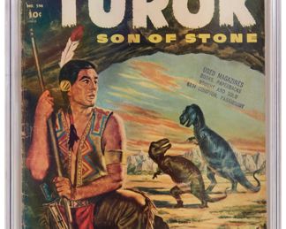 145
Four Color #596 (Dell Publishing, 1954)
Turok, Son of Stone #1
First appearance of Turok and Andar with Robert Susor painted cover
Label: universal
Restoration Status: unrestored
Grader Notes: light staining to cover, moderate bindery tears to cover, moderate creasing to cover, moderate spine splits to cover, moderate spine stress lines to cover
Publisher: Dell Publishing
Page Quality: cream to off-white pages
Estimate: $400 - $600